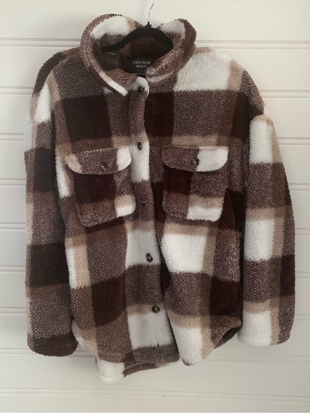 Streetwear Society Brown & Cream Plaid Teddy Shacket